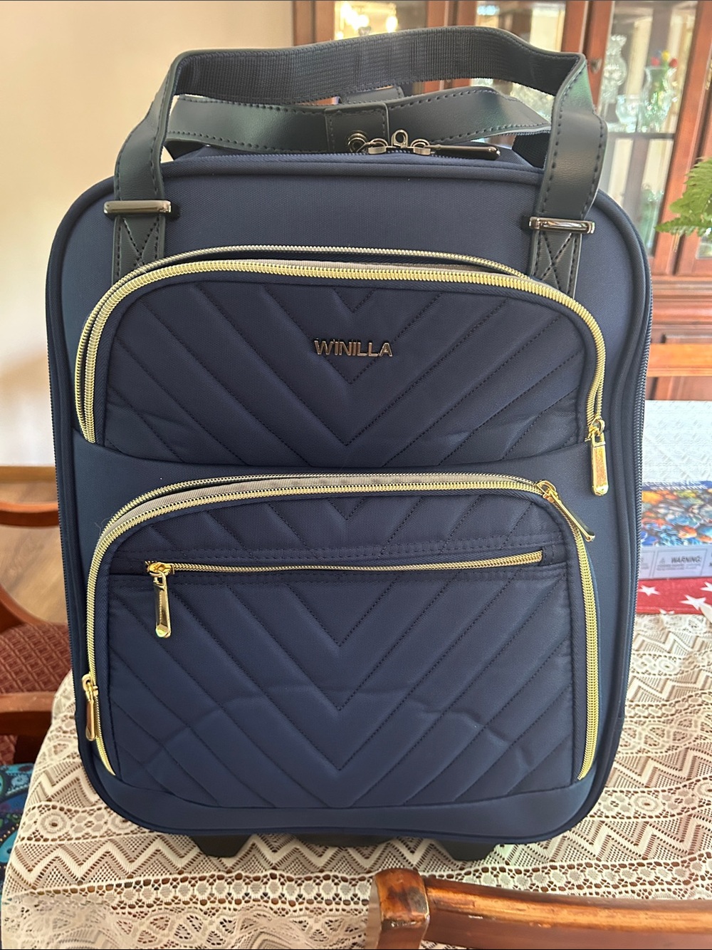 Winilla Quilted Carry-On Luggage - Navy with Gold Hardware